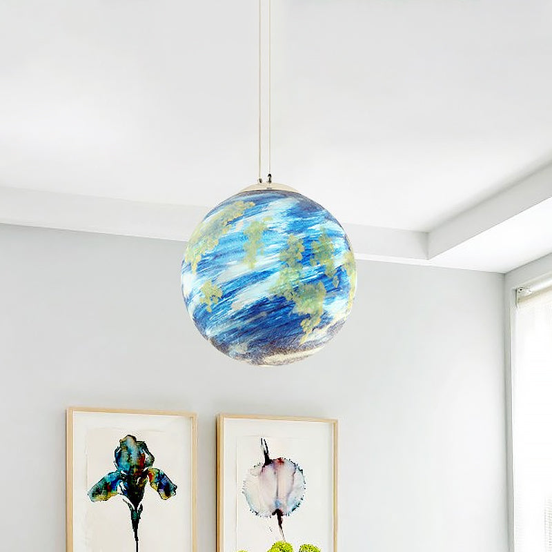 Kids Hanging Lamp: Saturn/Earth Sphere, Light Blue/Yellow Glass, Single-Bulb, 8"/12"/16" Dia