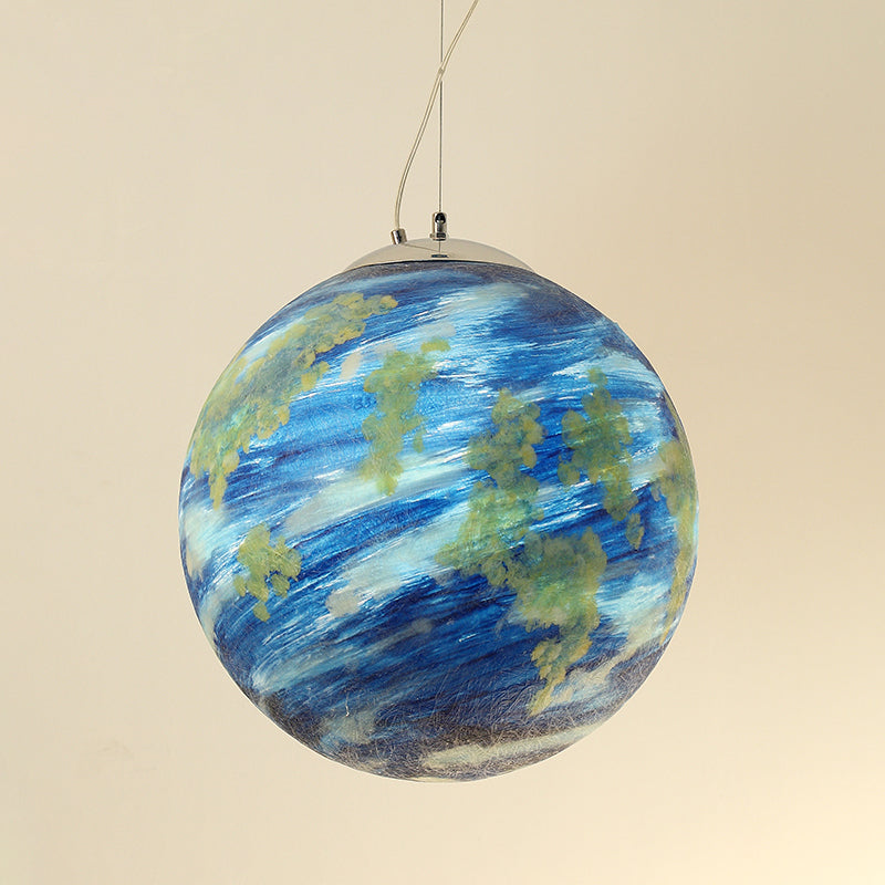 Kids Hanging Lamp: Saturn/Earth Sphere, Light Blue/Yellow Glass, Single-Bulb, 8"/12"/16" Dia