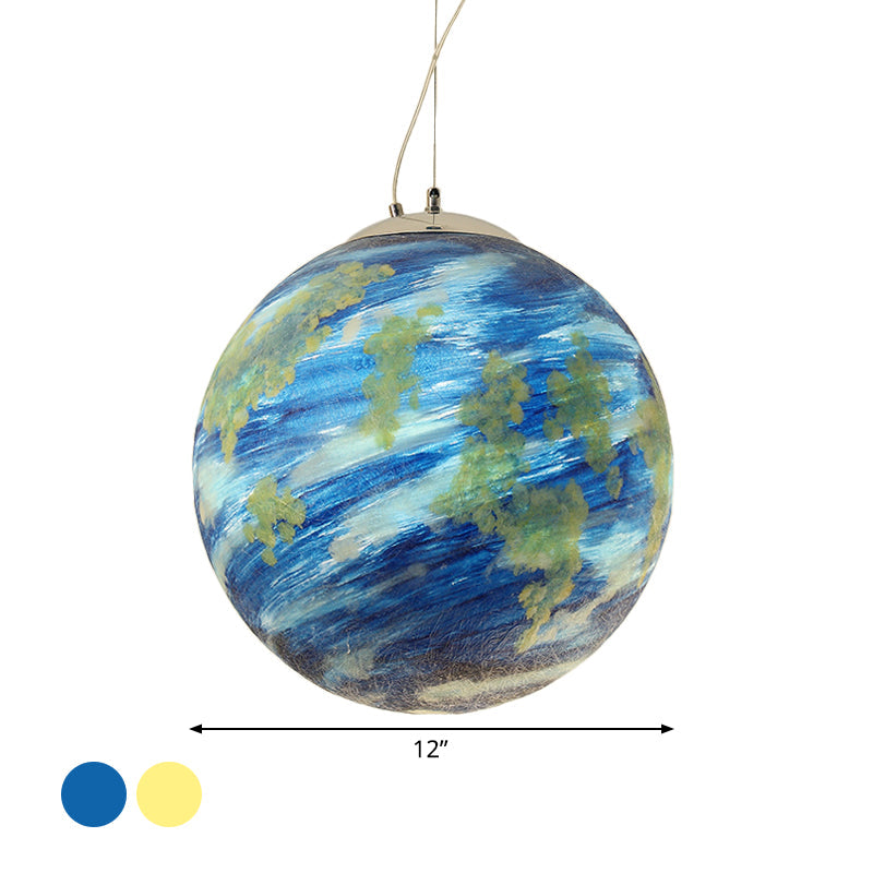Kids Hanging Lamp: Saturn/Earth Sphere, Light Blue/Yellow Glass, Single-Bulb, 8"/12"/16" Dia