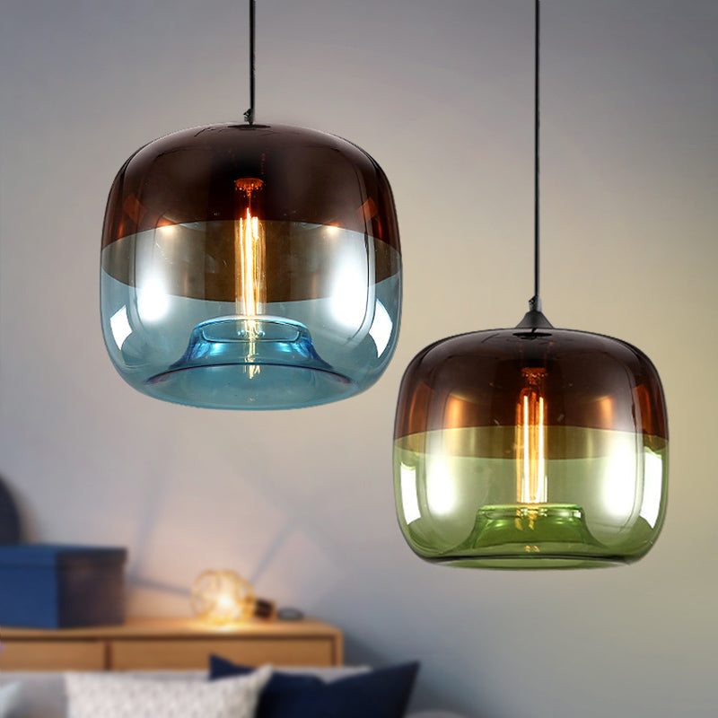 Modern Glass Drum Pendant Ceiling Light Blue/Green-Brown Design Ideal For Dining Rooms Includes 1