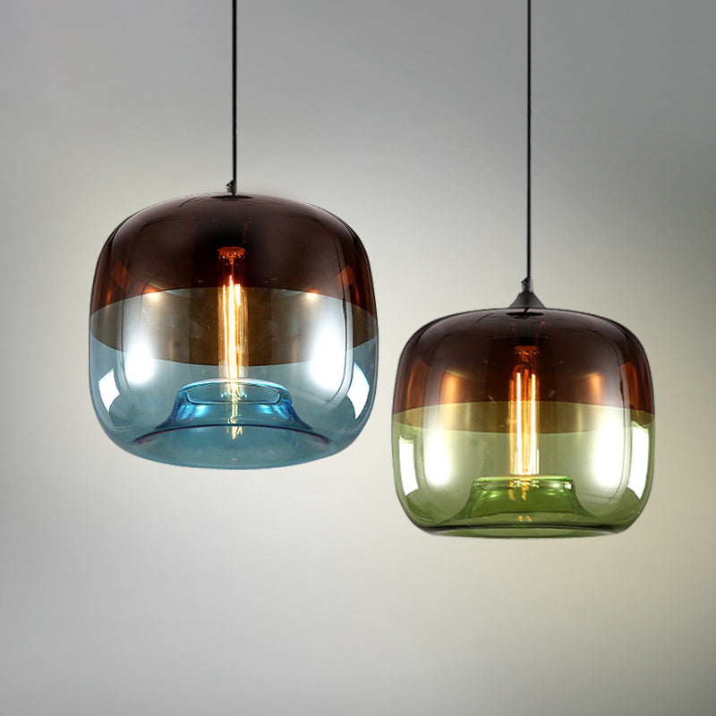 Postmodern Blue/Green-Brown Glass Drum Pendant Ceiling Light - Stylish 1 Bulb Suspension Lamp for Dining Room