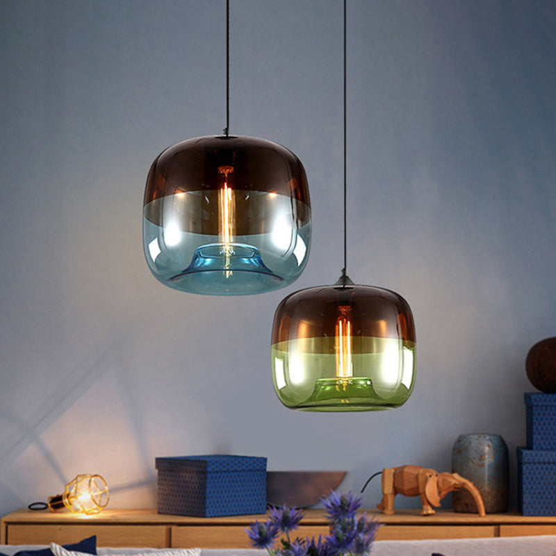 Postmodern Blue/Green-Brown Glass Drum Pendant Ceiling Light - Stylish 1 Bulb Suspension Lamp for Dining Room