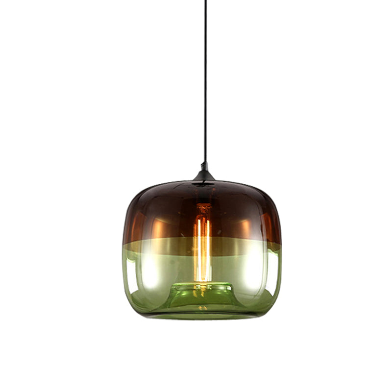 Postmodern Blue/Green-Brown Glass Drum Pendant Ceiling Light - Stylish 1 Bulb Suspension Lamp for Dining Room