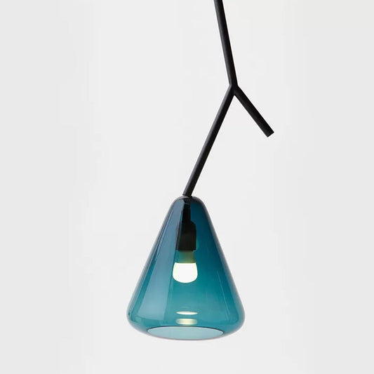 Nordic Metal Pendant Light with Down Lighting & Conical Blue/Black/White Glass Shade
