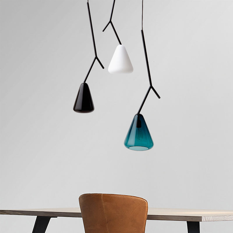 Nordic Black Branchlet Pendant: Down Lighting Fixture With Conical Glass Shade (1 Bulb)