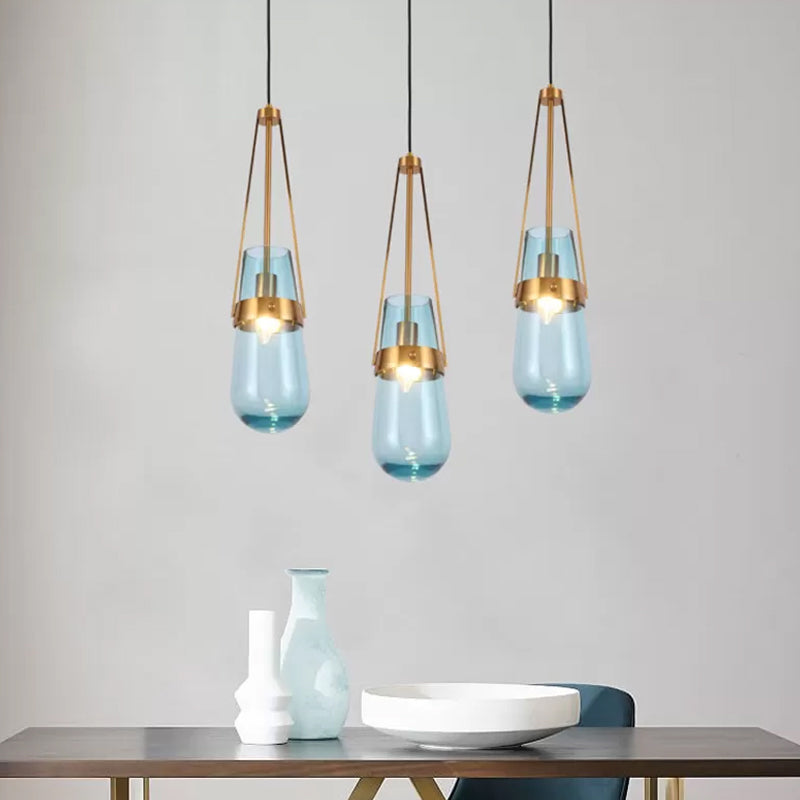 Postmodern Blue and Clear Glass Dining Room Pendant Light with Brass Gripper