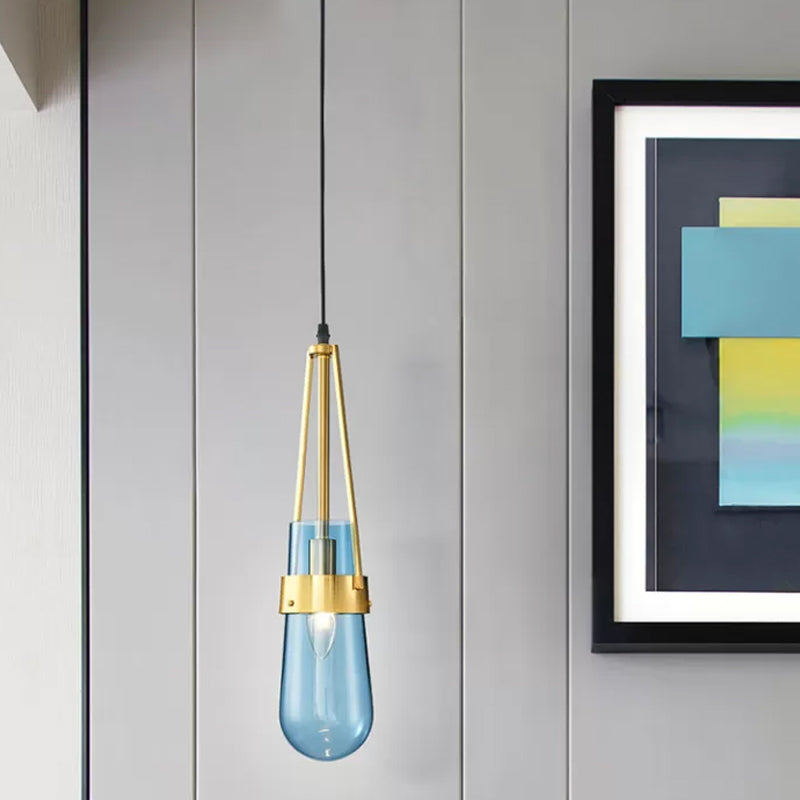 Postmodern Blue and Clear Glass Dining Room Pendant Light with Brass Gripper