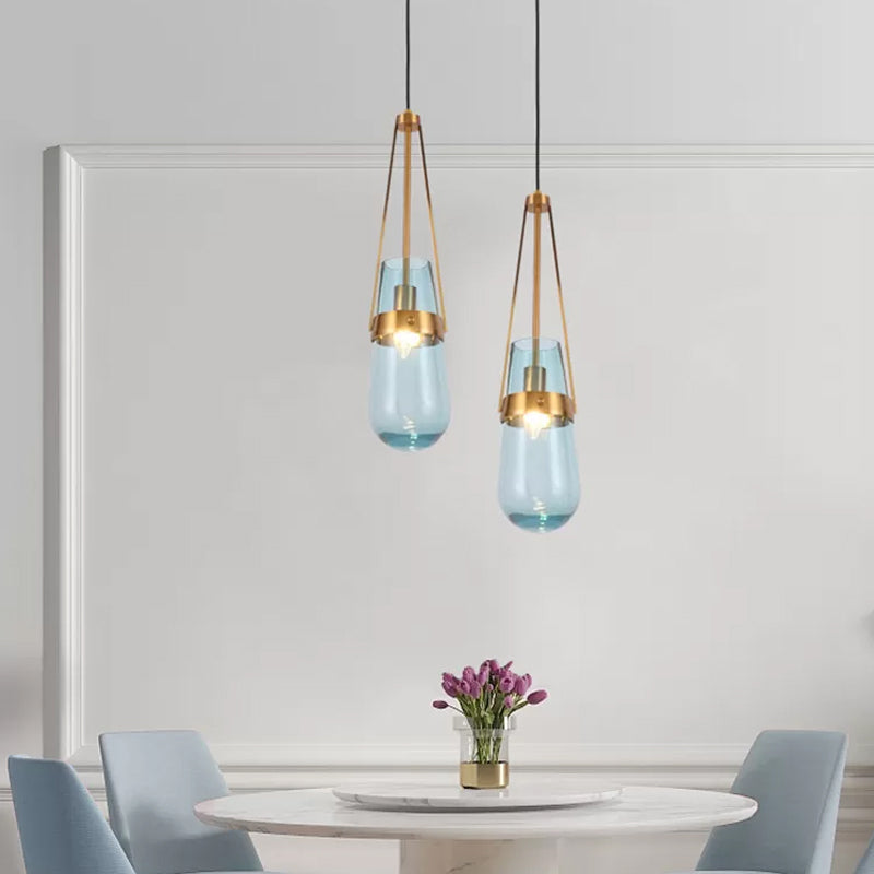 Clear/Blue Glass Pendant Lamp With Brass Gripper - Postmodern Drop Shape Dining Room Hanging Light