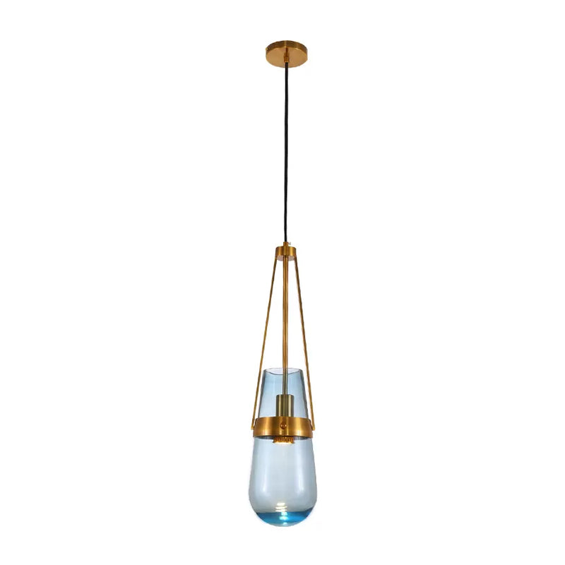 Clear/Blue Glass Pendant Lamp With Brass Gripper - Postmodern Drop Shape Dining Room Hanging Light