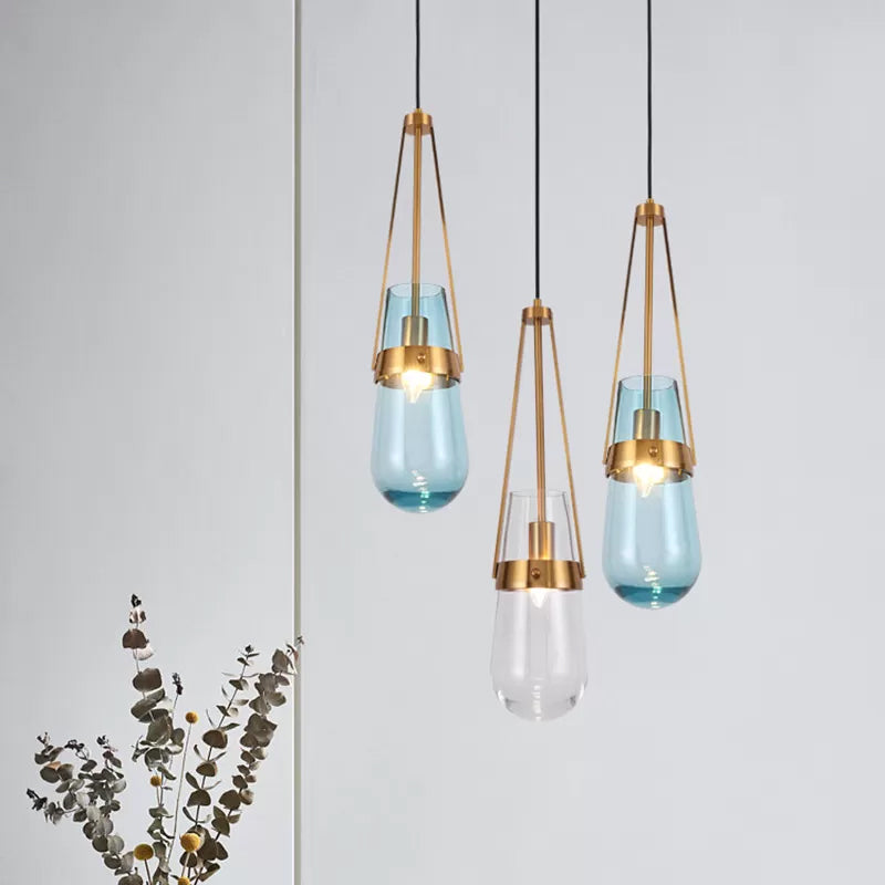 Postmodern Blue and Clear Glass Dining Room Pendant Light with Brass Gripper