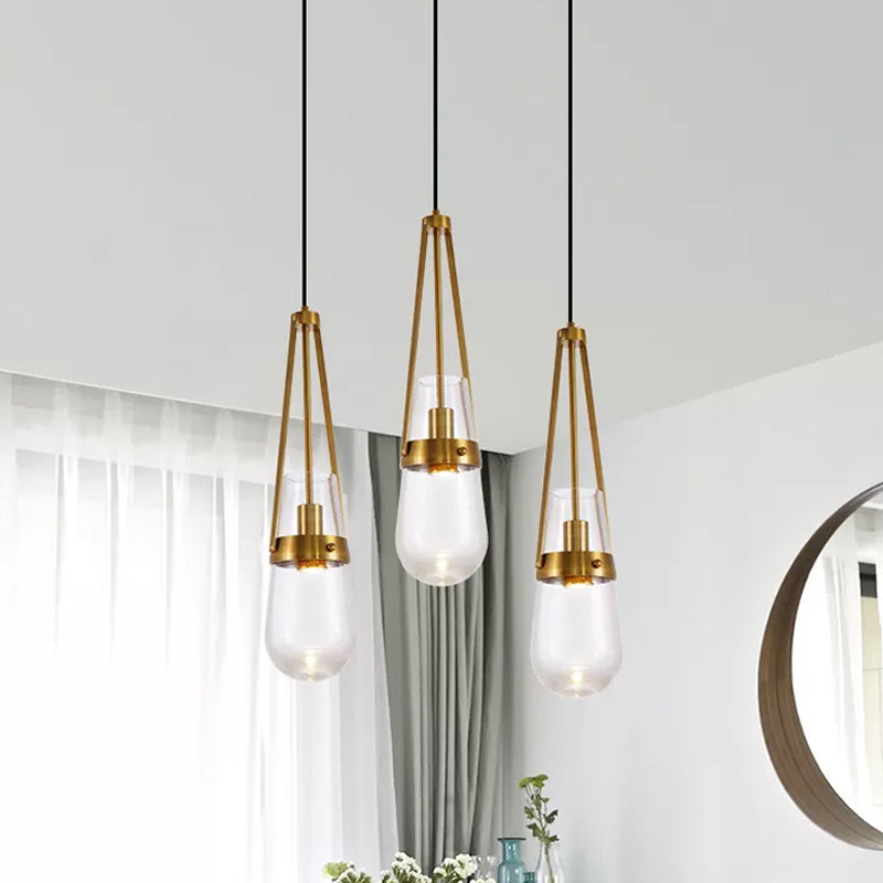 Postmodern Blue and Clear Glass Dining Room Pendant Light with Brass Gripper