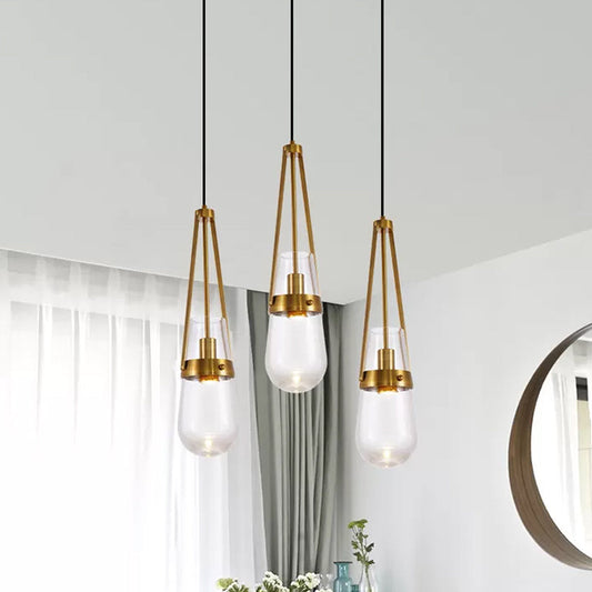 Postmodern Blue and Clear Glass Dining Room Pendant Light with Brass Gripper