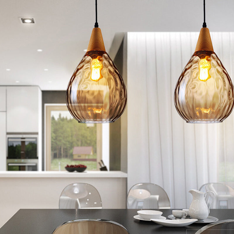 Suspension moderne en bois en forme de larme avec verre à eau ambré pour restaurant - 6"/8" de large