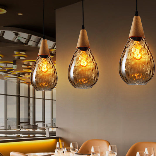 Modern Wood Teardrop Pendant Light with Amber Water Glass for Restaurant - 6"/8" Wide