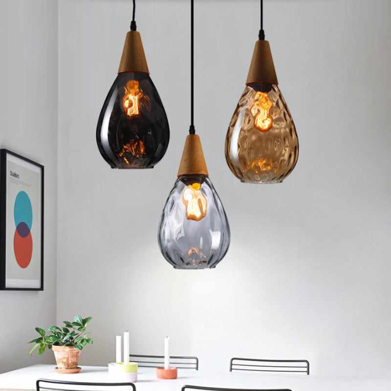 Suspension moderne en bois en forme de larme avec verre à eau ambré pour restaurant - 6"/8" de large