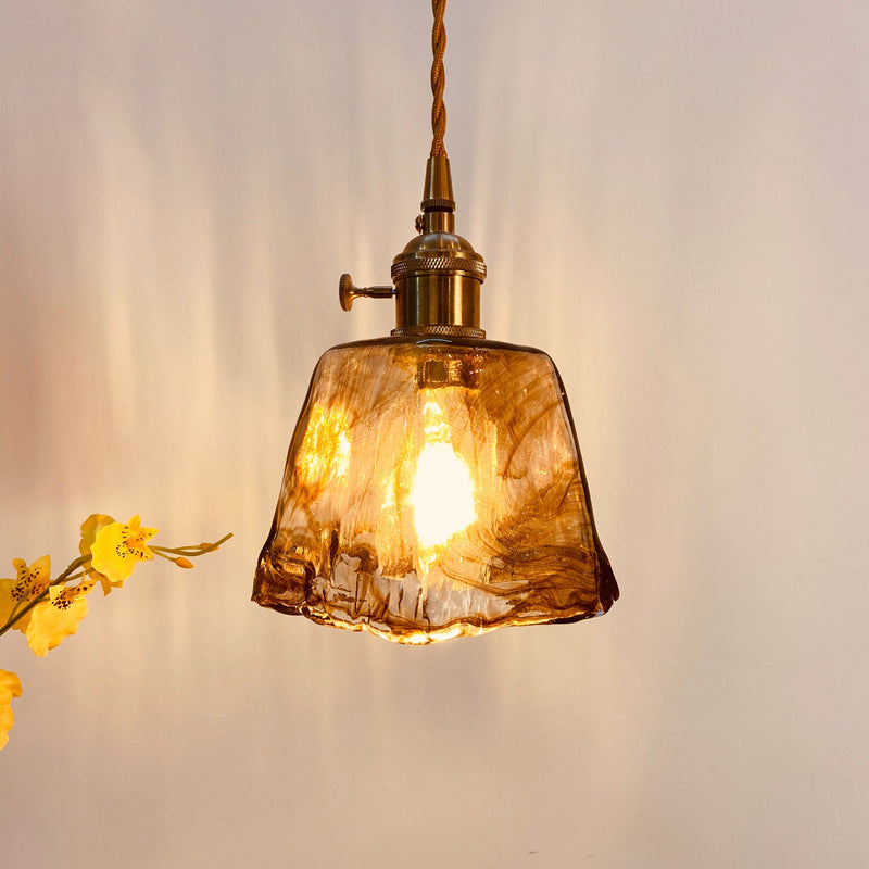 Modern Hanging Pendant Light with Amber Alabaster Glass and Brass Down Lighting for Dining Room - Trapezoid/Cone/Cuboid Design