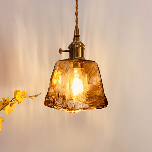 Modern Hanging Pendant Light with Amber Alabaster Glass and Brass Down Lighting for Dining Room - Trapezoid/Cone/Cuboid Design