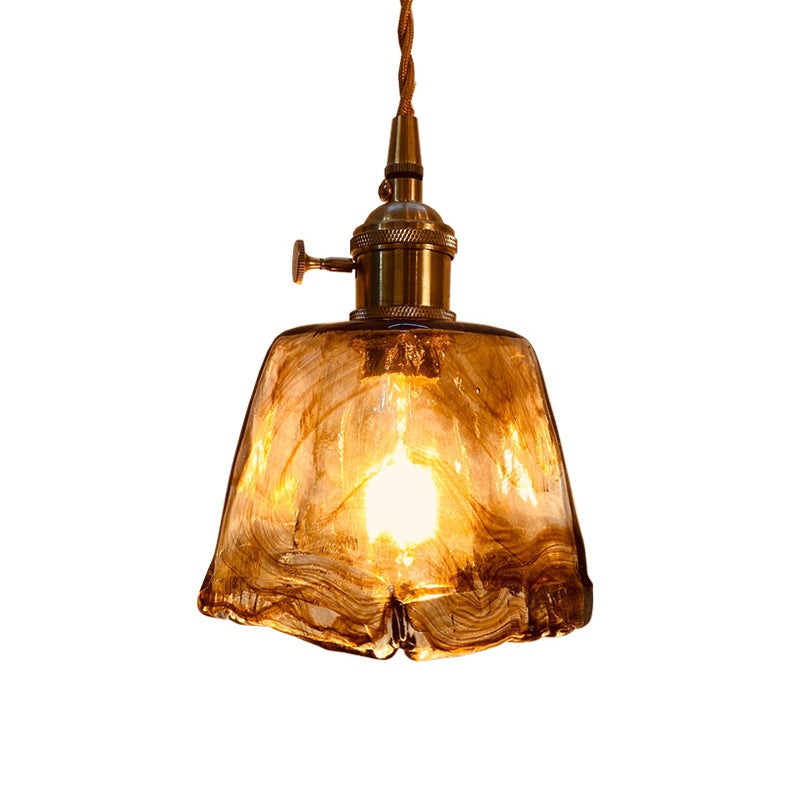 Modern Hanging Pendant Light with Amber Alabaster Glass and Brass Down Lighting for Dining Room - Trapezoid/Cone/Cuboid Design