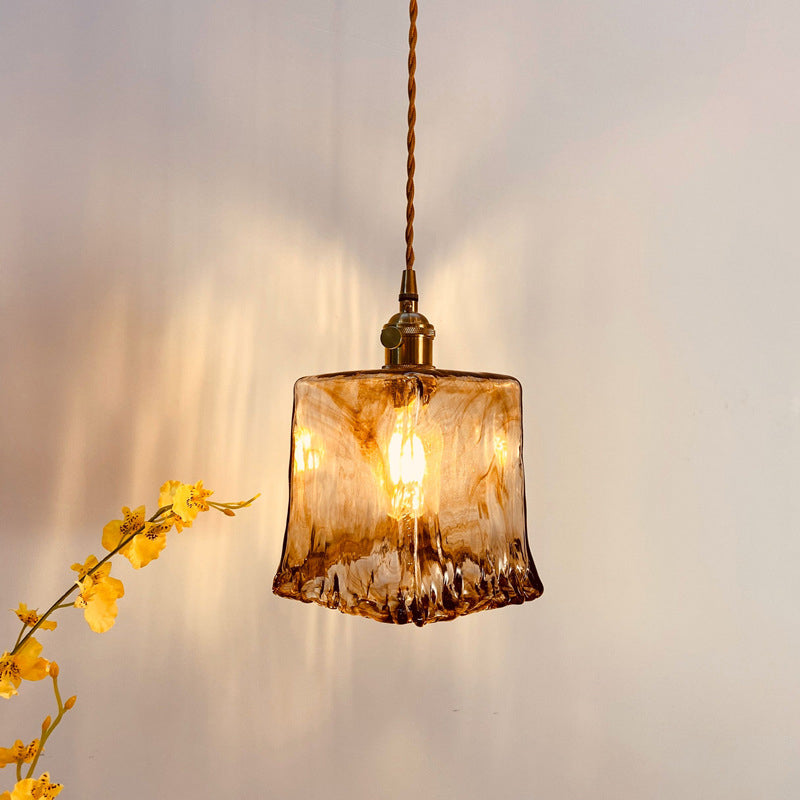 Modern Hanging Pendant Light with Amber Alabaster Glass and Brass Down Lighting for Dining Room - Trapezoid/Cone/Cuboid Design