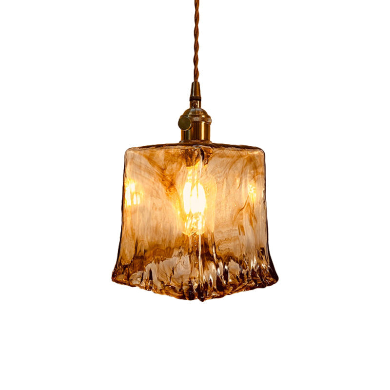 Modern Hanging Pendant Light with Amber Alabaster Glass and Brass Down Lighting for Dining Room - Trapezoid/Cone/Cuboid Design