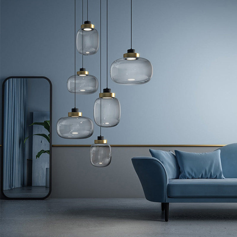 Modern Smoke Grey Glass Ellipse Pendant Light for Living Room with Adjustable Warm/White/Natural Lighting