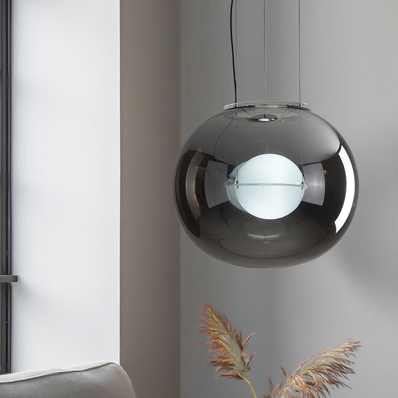 Modern Hanging Light with Double Globe, White/Red/Smoke Grey Glass, 1 Bulb, Kitchen Pendant Lamp, 12"/16" W