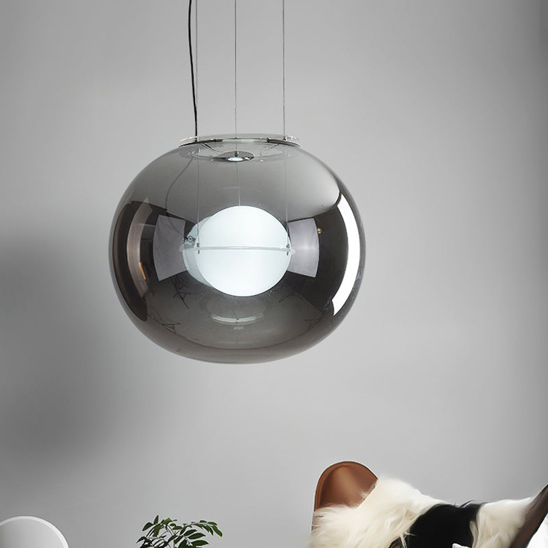 Modern Hanging Light with Double Globe, White/Red/Smoke Grey Glass, 1 Bulb, Kitchen Pendant Lamp, 12"/16" W