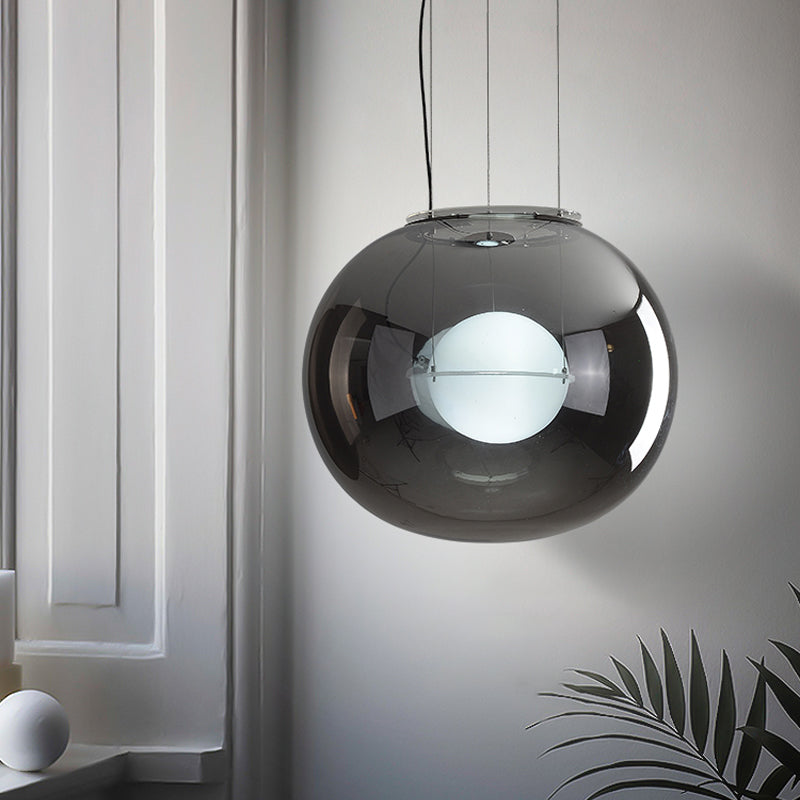 Modern Hanging Light with Double Globe, White/Red/Smoke Grey Glass, 1 Bulb, Kitchen Pendant Lamp, 12"/16" W