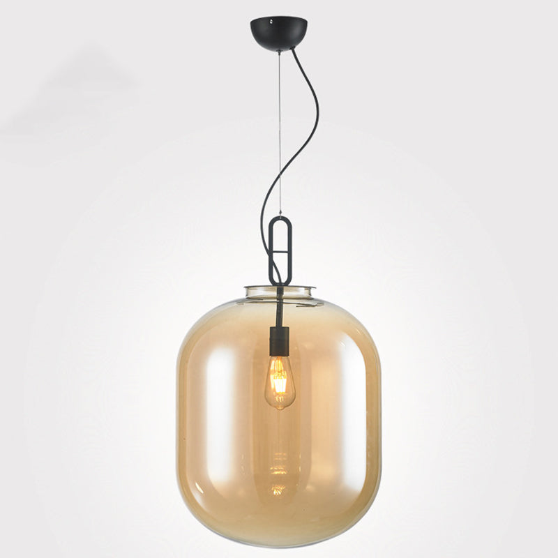 Modern Black Ovale Ceiling Hanging Light with Smoke Grey/Amber Glass Pendant - 1 Bulb Lighting Fixture, Sizes: 9.5"/14"/17
