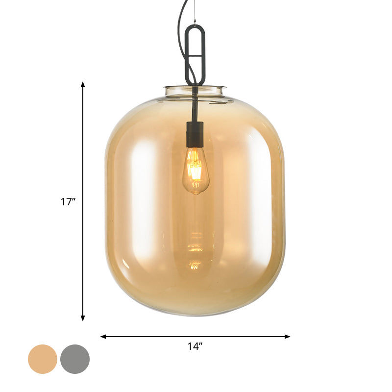 Modern Black Ovale Ceiling Pendant Light Fixture - 1 Bulb Smoke Grey/Amber Glass Sizes 9.5/14/17