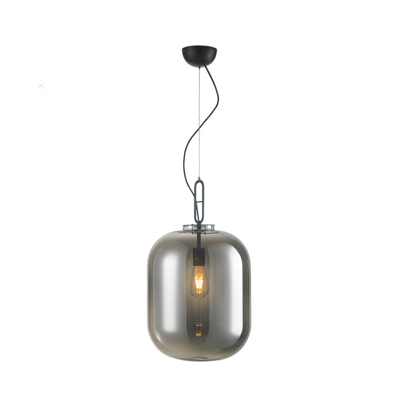Modern Black Ovale Ceiling Hanging Light with Smoke Grey/Amber Glass Pendant - 1 Bulb Lighting Fixture, Sizes: 9.5"/14"/17