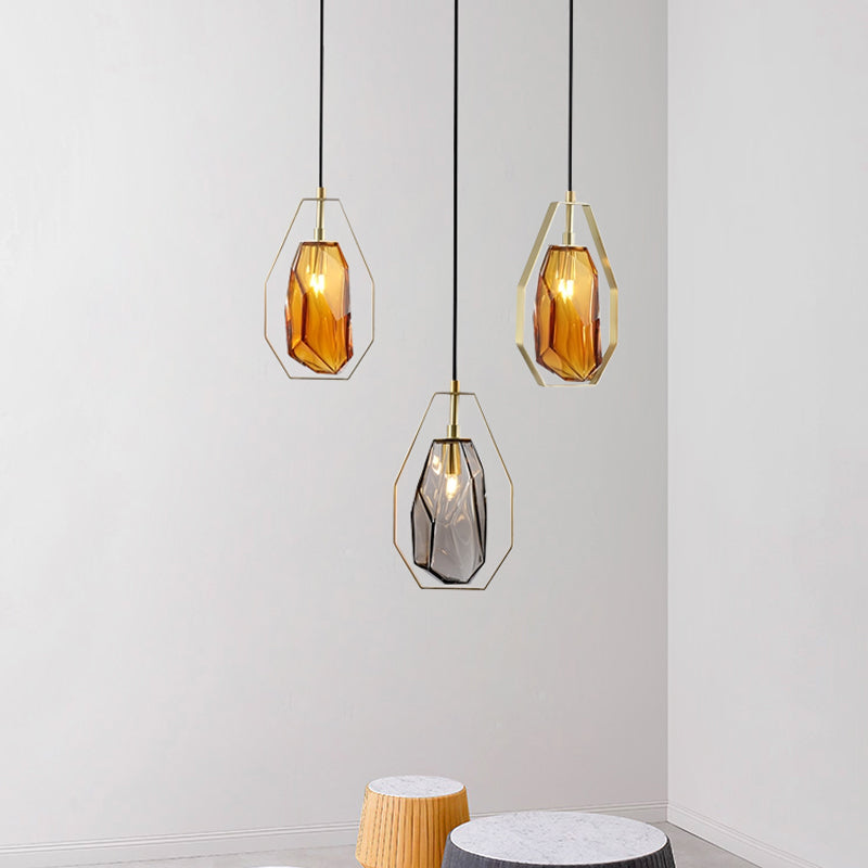 Postmodernist 1-Light Brass Pendant Lamp with Amber/Smoke Grey Glass and Heptagon Frame