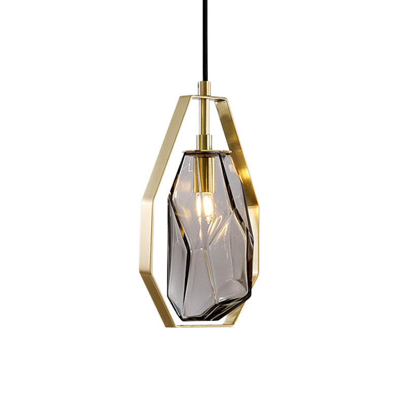 Postmodernist 1-Light Brass Pendant Lamp with Amber/Smoke Grey Glass and Heptagon Frame