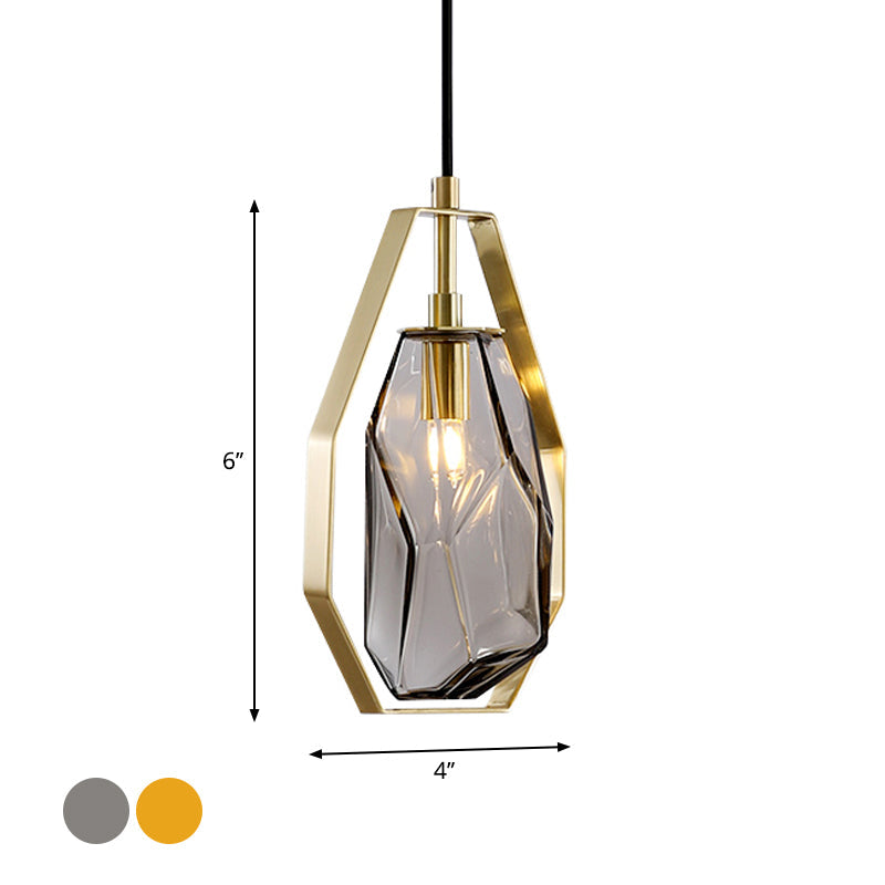 Postmodernist 1-Light Brass Pendant Lamp with Amber/Smoke Grey Glass and Heptagon Frame
