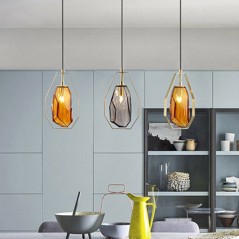Postmodernist 1-Light Brass Pendant Lamp with Amber/Smoke Grey Glass and Heptagon Frame