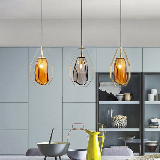 Postmodernist 1-Light Brass Pendant Lamp with Amber/Smoke Grey Glass and Heptagon Frame
