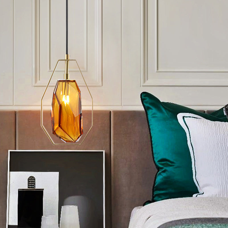 Postmodernist 1-Light Brass Pendant Lamp with Amber/Smoke Grey Glass and Heptagon Frame