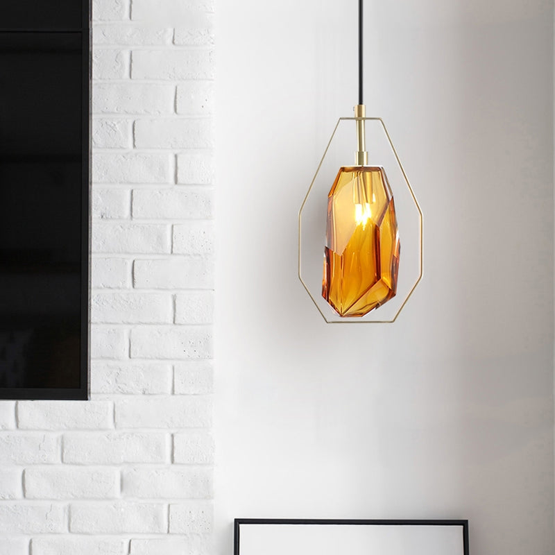 Postmodernist 1-Light Brass Pendant Lamp with Amber/Smoke Grey Glass and Heptagon Frame