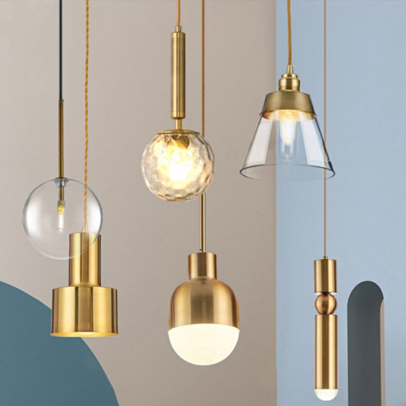 Postmodern Gold Conical/Hoop/Grenade Hanging Lamp - 1-Light Metal/Clear Glass Suspension Pendant for Restaurants