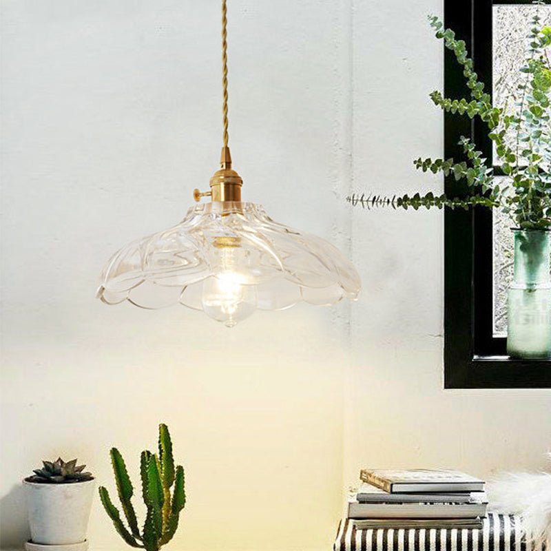Kit de lampe suspendue post-moderne dorée avec 1 tête, design floral/bol/cône et abat-jour en verre givré/transparent