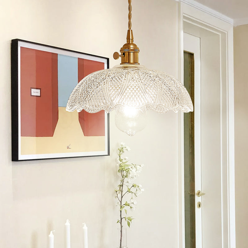 Kit de lampe suspendue post-moderne dorée avec 1 tête, design floral/bol/cône et abat-jour en verre givré/transparent