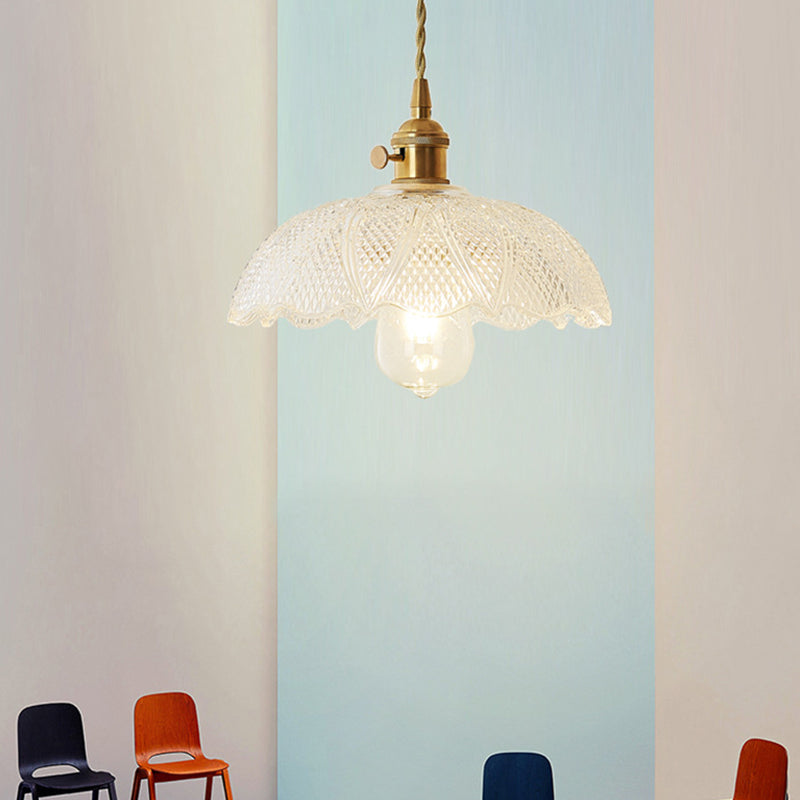 Kit de lampe suspendue post-moderne dorée avec 1 tête, design floral/bol/cône et abat-jour en verre givré/transparent