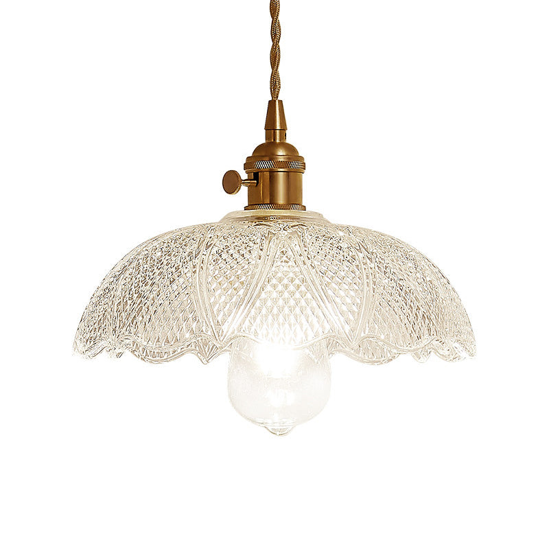 Kit de lampe suspendue post-moderne dorée avec 1 tête, design floral/bol/cône et abat-jour en verre givré/transparent