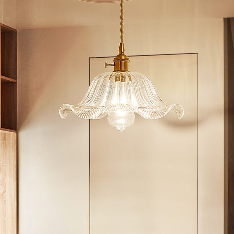 Kit de lampe suspendue post-moderne dorée avec 1 tête, design floral/bol/cône et abat-jour en verre givré/transparent