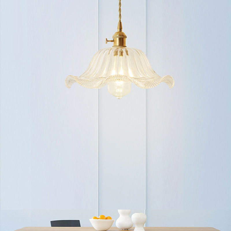 Kit de lampe suspendue post-moderne dorée avec 1 tête, design floral/bol/cône et abat-jour en verre givré/transparent