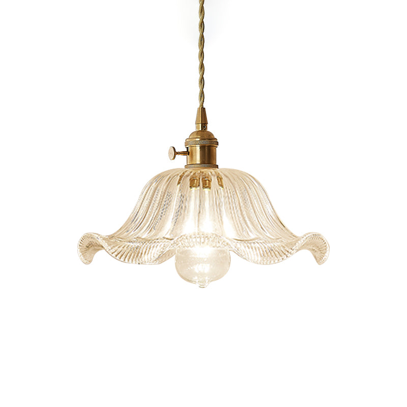 Kit de lampe suspendue post-moderne dorée avec 1 tête, design floral/bol/cône et abat-jour en verre givré/transparent