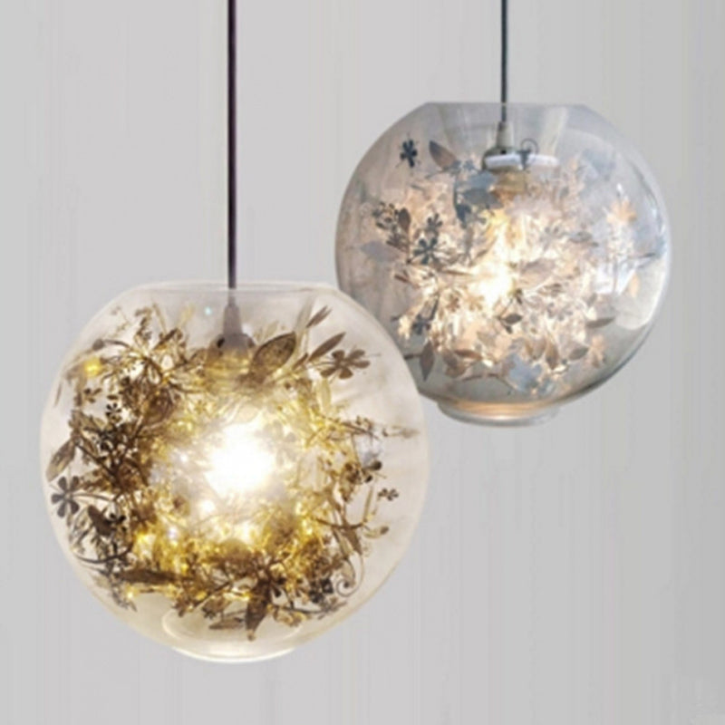 Modern Clear Glass Pendulum Light with Scattered Flower Decor - 1 Head Silver/Gold Ceiling Hang Lamp