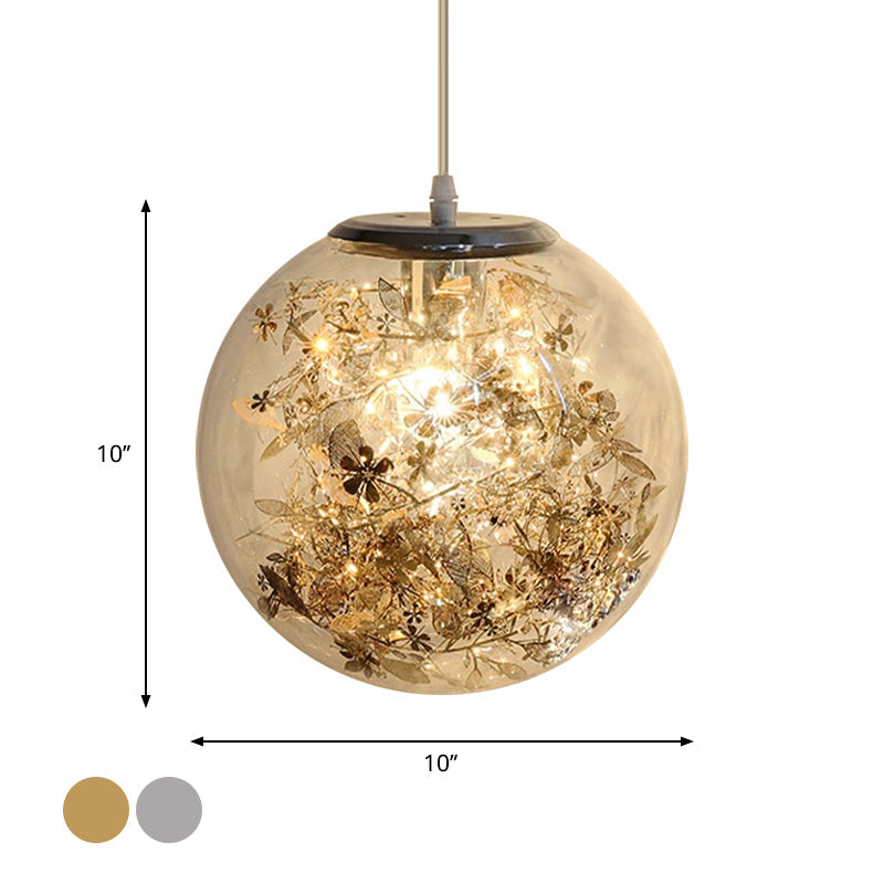 Modern Clear Glass Pendulum Light with Scattered Flower Decor - 1 Head Silver/Gold Ceiling Hang Lamp