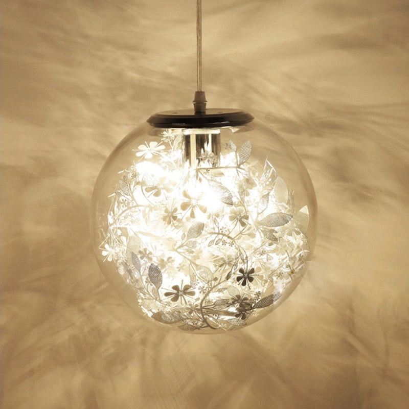 Modern Clear Glass Pendulum Light with Scattered Flower Decor - 1 Head Silver/Gold Ceiling Hang Lamp