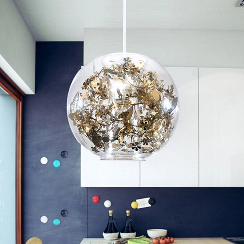 Modern Clear Glass Pendulum Light with Scattered Flower Decor - 1 Head Silver/Gold Ceiling Hang Lamp